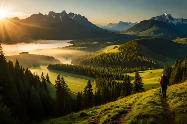 amanecer en el valle con vistas a las montañas y la niebla