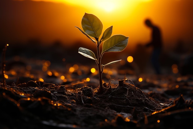 Un amanecer vibrante con una planta en ciernes que emerge de la tierra, una pequeña planta que crece en el suelo al atardecer.