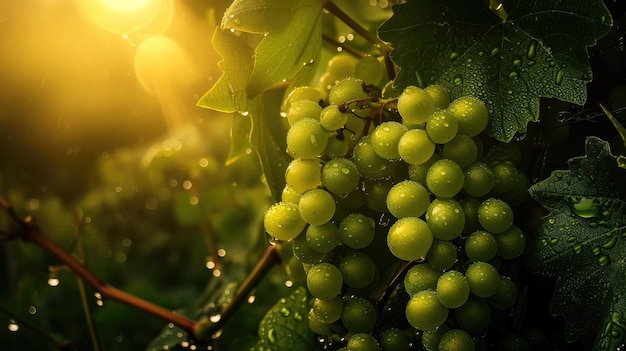 El amanecer de los viñedos de esmeralda ilumina las uvas de rocío