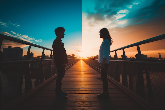 Foto amanhecer e anoitecer duas pessoas divididas pela luz do dia numa ponte da cidade contraste de tempo