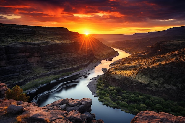 Amanhecer pitoresco à beira do rio Canyon IA generativa