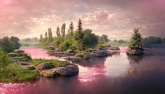 Amanhecer rosa sobre as montanhas o rio em que o céu rosa é refletido em árvores verdes
