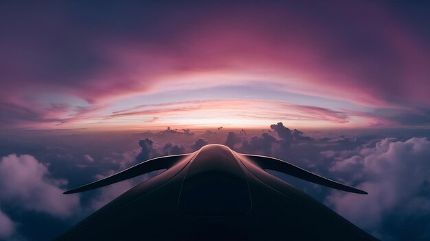 Foto amanhecer sobre as nuvens vista a partir da cabine do piloto ou do drone