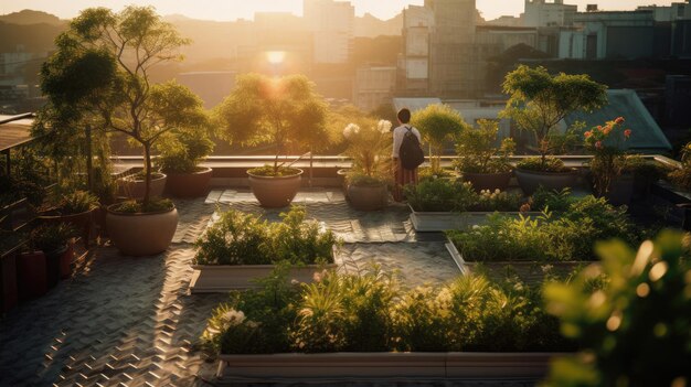 Amanhecer tranquilo no jardim do telhado tai chi entre plantas em vaso brilho dourado