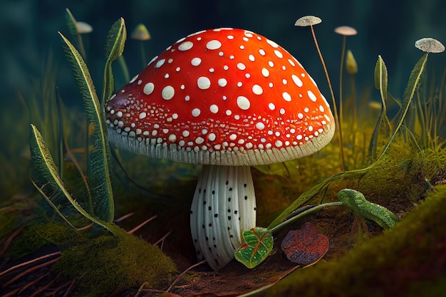 Amanita muscaria cogumelo tóxico na vegetação rasteira Generative Ai