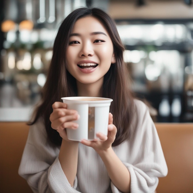 Amante del café joven mujer asiática mira la taza apetitosa fondo de pantalla