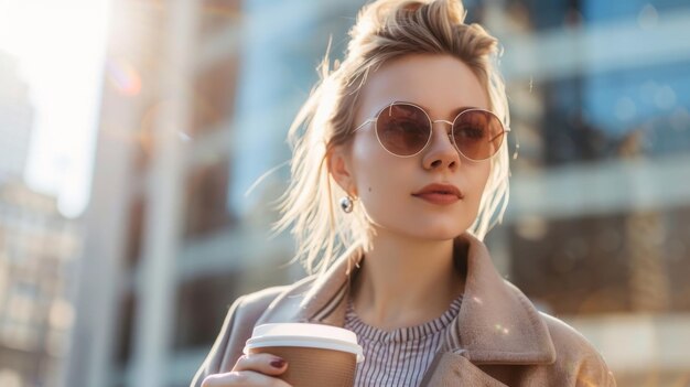 amante del café mujer con taza de café para llevar caminando por la calle joven mujer de negocios caminando al trabajo