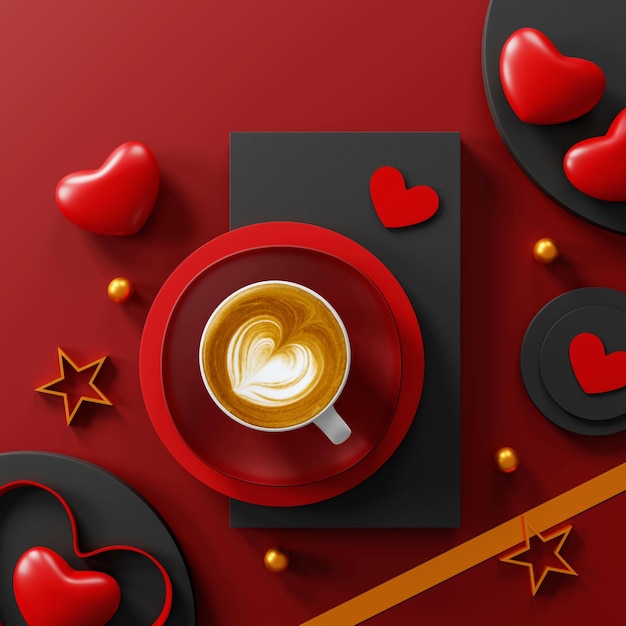 Amante del café. taza de café caliente con un corazón rojo de espuma con forma de corazón de arte barista y fondo de tarjeta