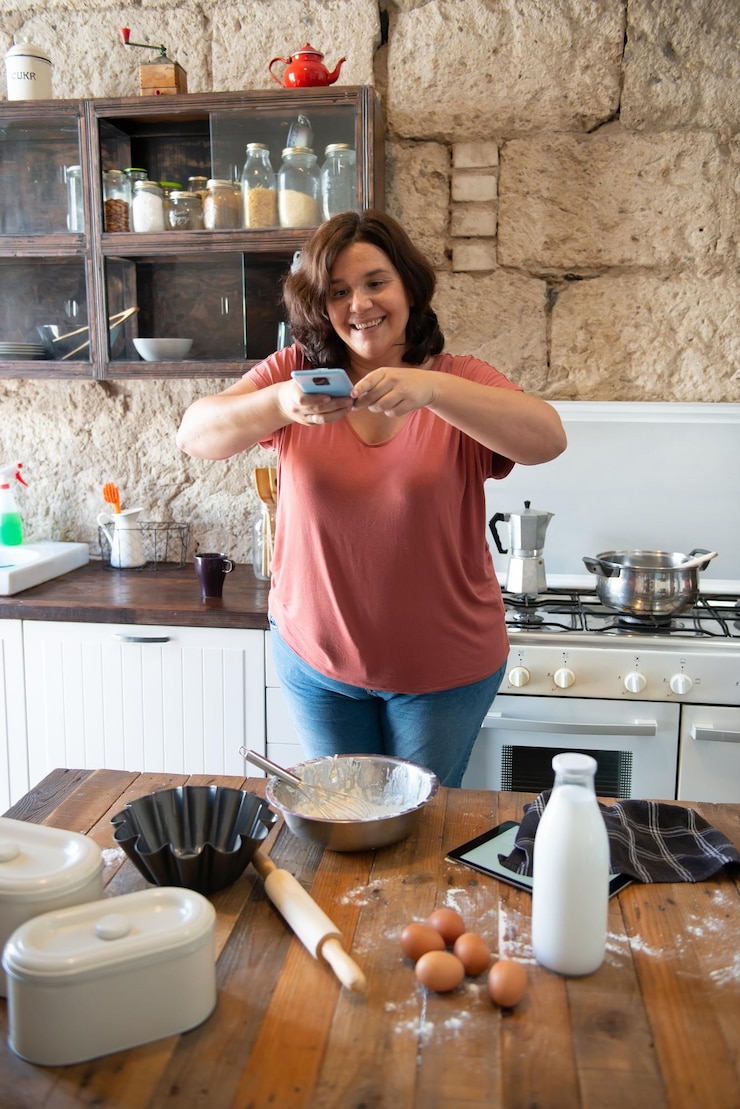 Foto amante de la comida con curvas fotografiando lo que ha cocinado para subirlo a las redes sociales