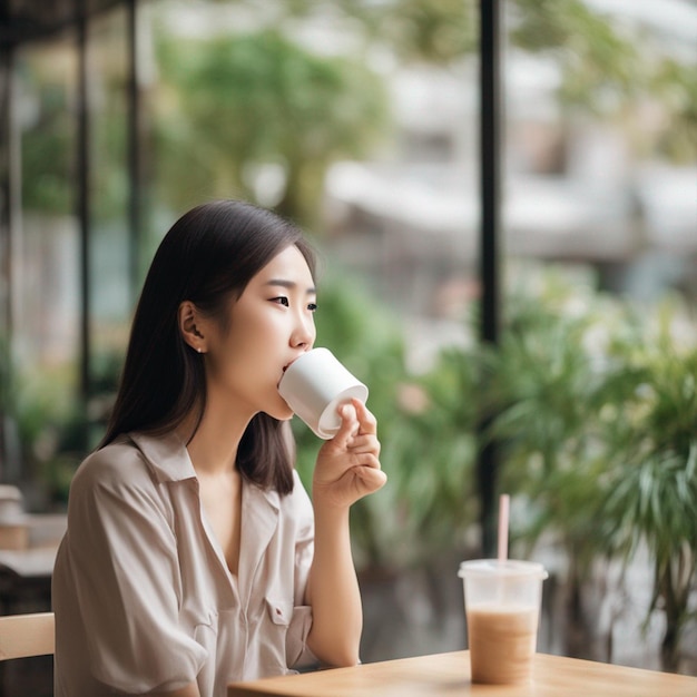 Amante de café jovem asiática olha para uma xícara apetitosa papel de parede