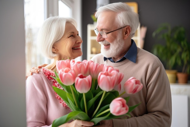 Amante marido sênior dando buquê de tulipas rosas frescas ai gerado