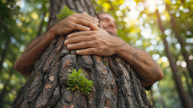 Un amante de la naturaleza sostiene un tronco de árbol con un almizcle verde en un bosque de bosques tropicales Un fondo verde orgánico Un concepto de cómo la naturaleza puede ser protegida de la contaminación por deforestación y