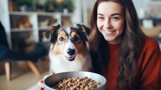 Amante y sonriente jovencita alimentando a un lindo perro collie con un alimento seco en un recipiente cromado