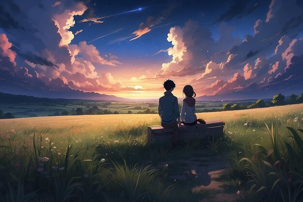 Amantes Anime de paisagem de casal romântico observando o céu noturno em um campo ao pôr do sol