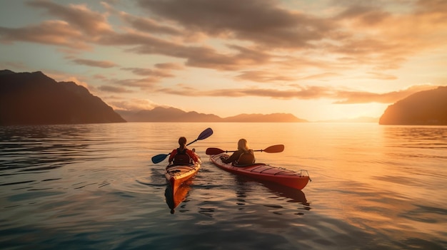 Amantes de la aventura haciendo kayak en el mar