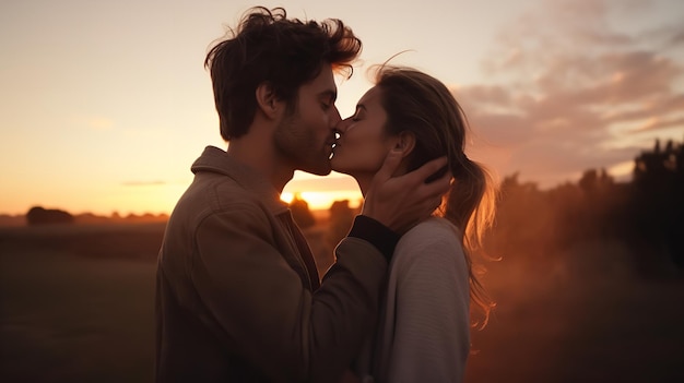 Los amantes besándose en la puesta de sol Generativa Ai