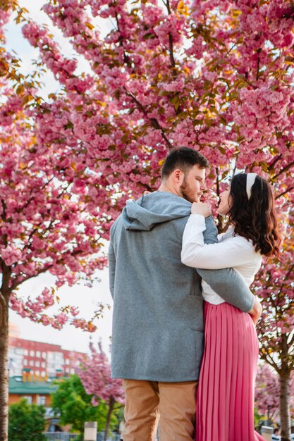 Amantes de casal sob a temporada de primavera de árvore de sakura florescendo