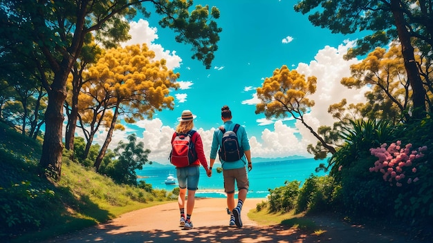 Foto amantes de reboque caminhando no paraíso