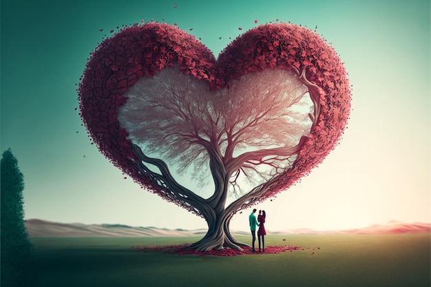 Amantes em pé sob o design do conceito de dia dos namorados de árvore em forma de coração