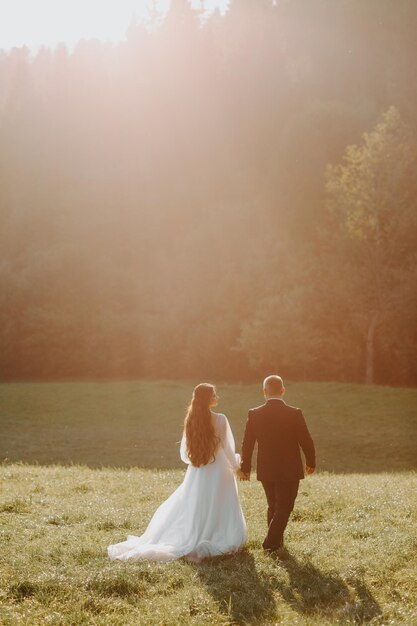 Amantes novios besándose en las montañas al atardecer. retrato, de, novia y novio