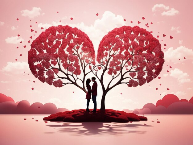 amantes de pie bajo el árbol en forma de corazón valente