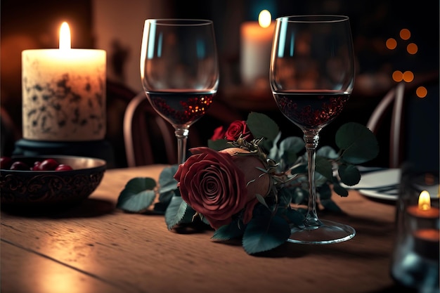 Amantes que celebran el aniversario o la cena romántica del día de San Valentín Dos copas de vino tinto y velas en el escritorio de madera