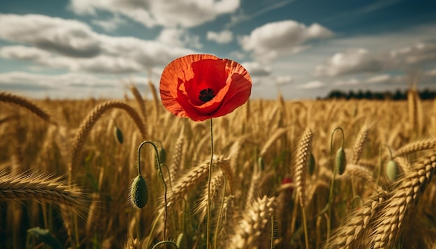 Una amapola en un campo de trigo con un cielo nublado al fondo.