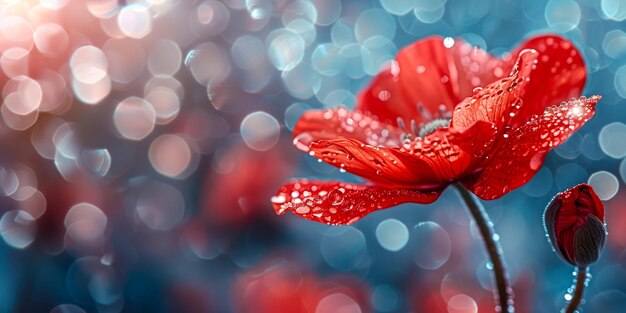 La amapola carmesí con gotas de rocío en los pétalos contra un bokeh