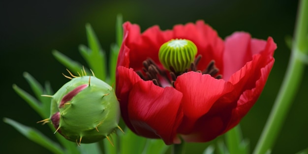 Una amapola roja con un capullo verde y un capullo verde.