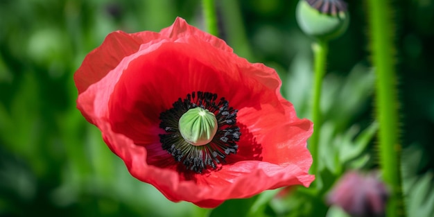 Una amapola roja con centro negro y centro negro.