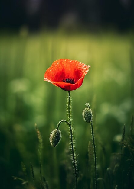 amapola roja sobre una hierba verde fotografía realista