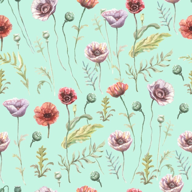 Amapolas flores rojo púrpura flores silvestres dibujadas a mano ilustración acuarela. Boceto de impresión textil fondo patern conjunto sin costuras borde de marco. Decoración de hojas de plantas de la naturaleza