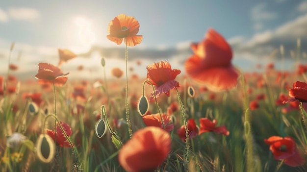 Las amapolas iluminadas por el sol en un campo