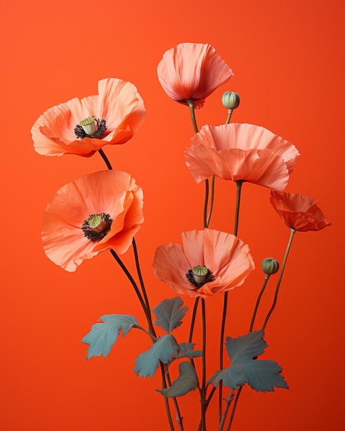 amapolas naranjas en un jarrón sobre un fondo naranja