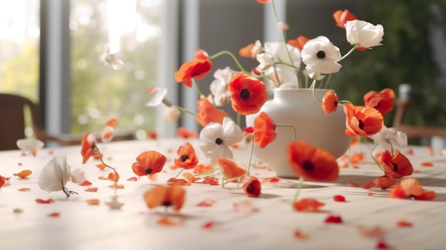 Amapolas rojas y amapolas blancas en jarrón sobre mesa de madera