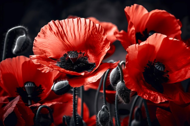 Amapolas rojas como símbolo de la memoria de los caídos en la guerra VEDay Día de conmemoración de la Guerra Mundial Ilustración generativa de IA