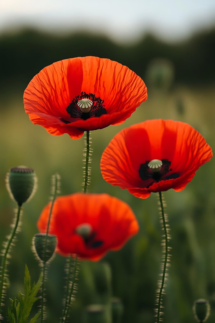 Las amapolas rojas florecen en un campo verde balanceándose suavemente