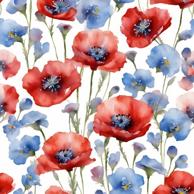 Amapolas rojas y nomeolvides azules pintados en acuarela