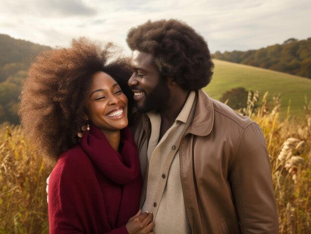 Foto amar o casal afro-americano está aproveitando um dia romântico de outono