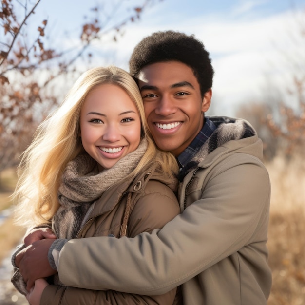 Amar o casal inter-racial adolescente está aproveitando um dia romântico de outono