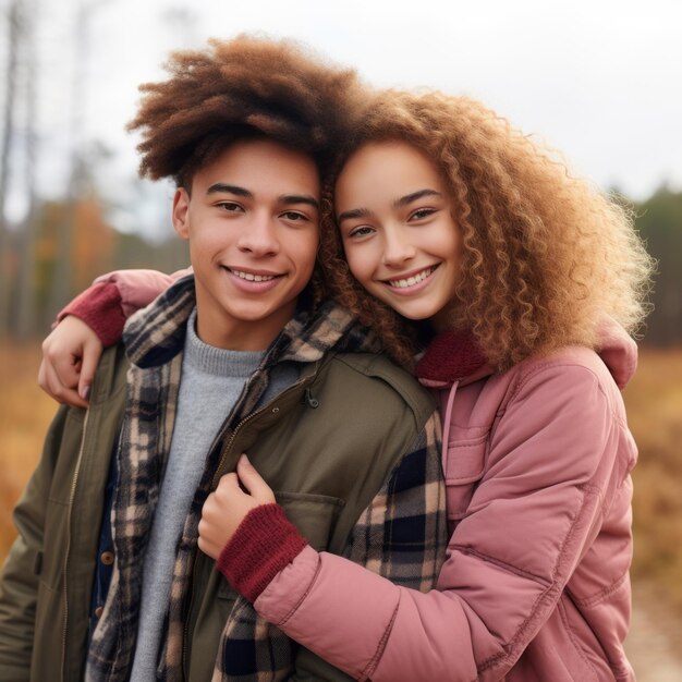 Foto amar o casal inter-racial adolescente está aproveitando um dia romântico de outono