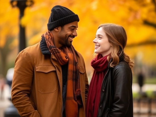 Amar o casal inter-racial está aproveitando um dia romântico de outono