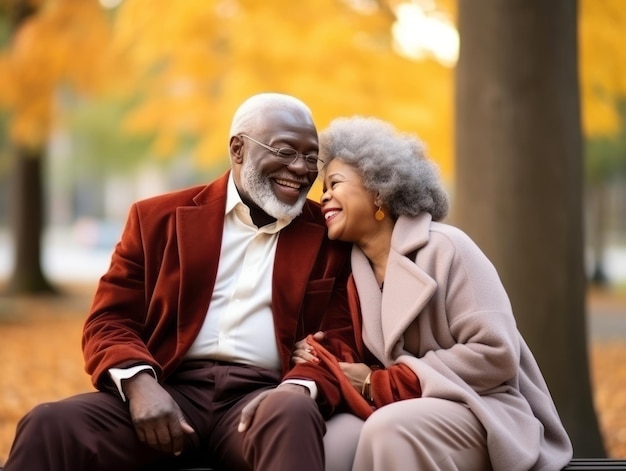 Amar o velho casal afro-americano está aproveitando um dia romântico de outono