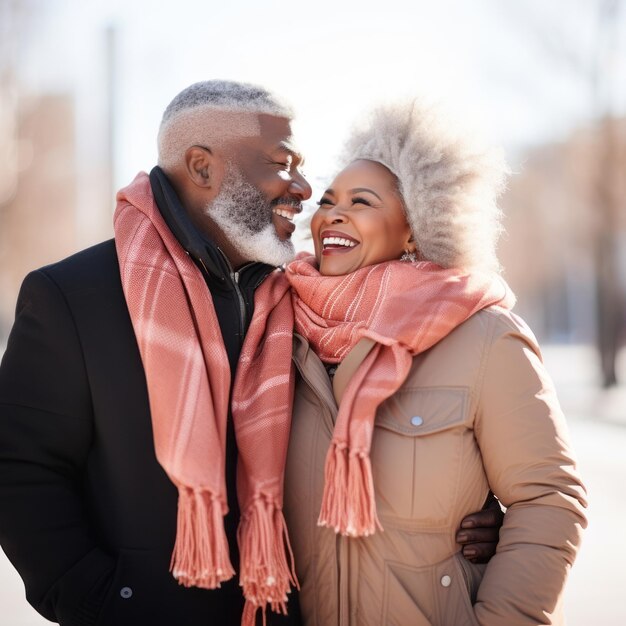 Amar o velho casal inter-racial está aproveitando um dia romântico de inverno