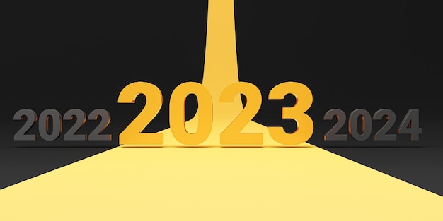 Amarelo 2023 na linha amarela entre 2022 e 2024 anos em fundo preto para preparação da mudança de ano novo e iniciar novo conceito de estratégia de alvo de negócios por renderização 3d