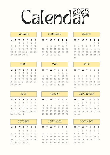 Amarelo Calendário Moderno 2025 Inglês Montly Semanal Documen Imprimível