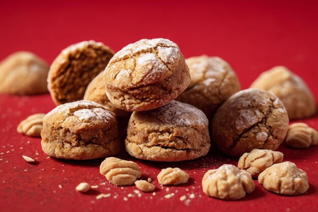 Foto amaretti en fondo rojo ai generado