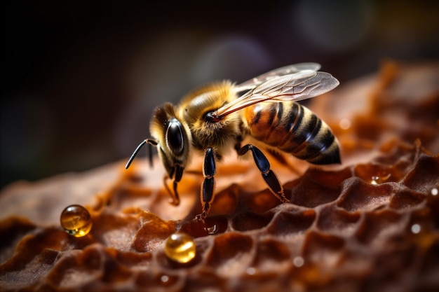 Amarillo macro abeja naturaleza hexágono primer plano oro polen insecto fondo miel IA generativa