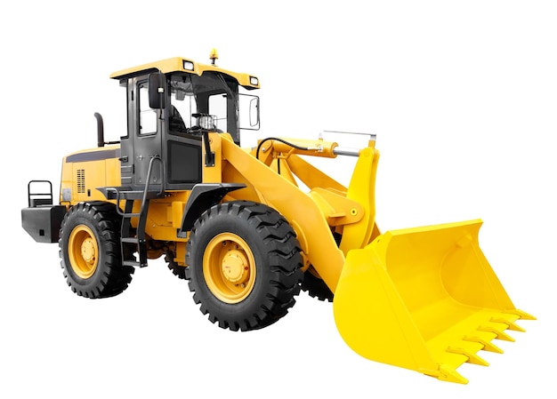 Amarillo moderno cargador bulldozer excavadora maquinaria de construcción equipo aislado sobre fondo blanco.