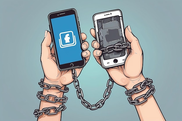 Foto amarrado a un teléfono inteligente con una cadena rota liberación de la adicción a las redes sociales